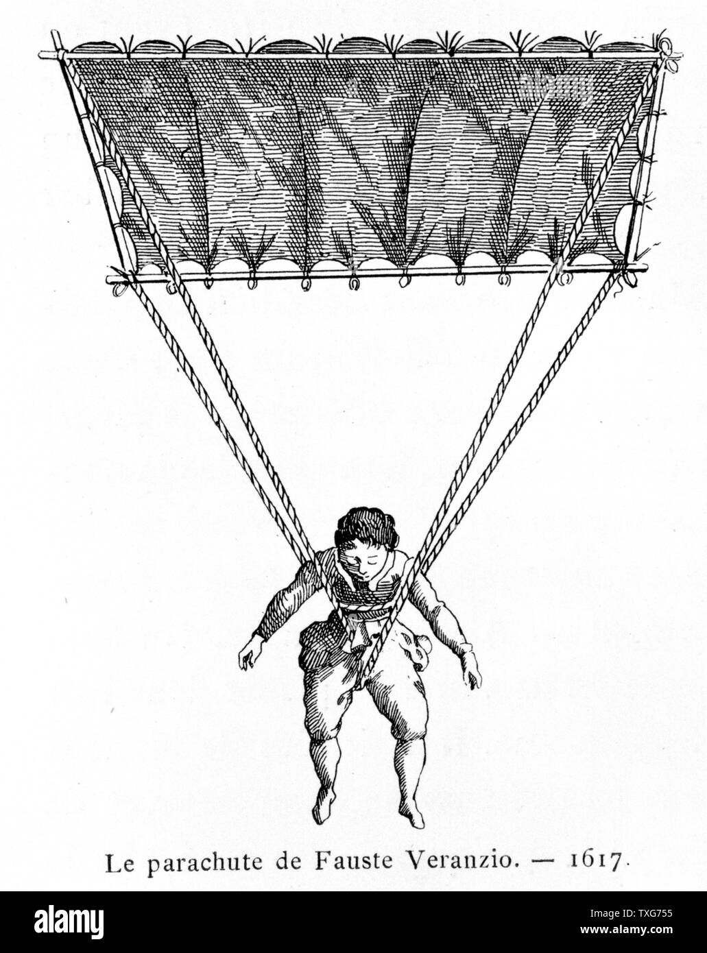 Fauste Veranzio making a successful jump from a tower in Venice using the parachute he had built and which he named 'Homo Volans', 1617 From 'Histoire des Ballons' by Gaston Tissandier, Paris Engraving Stock Photo