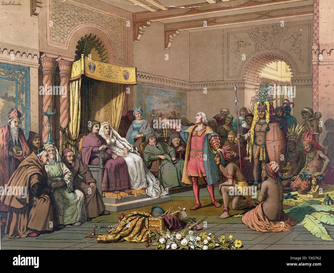 Columbus at the Court of Barcelona before Ferdinand II of Aragon and Isabella of Castile on his return from his first voyage to the New World, February 1493 Chromolithograph Stock Photo