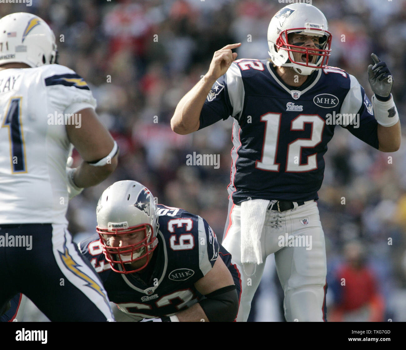 New England Patriots quarterback Tom Brady (12) calls an audible at the line in the first quarter against the San Diego Chargers at Gillette Stadium in Foxboro, Massachusetts on September 18, 2011.  The Patriots defeated the Chargers 35-21.   UPI/Matthew Healey Stock Photo