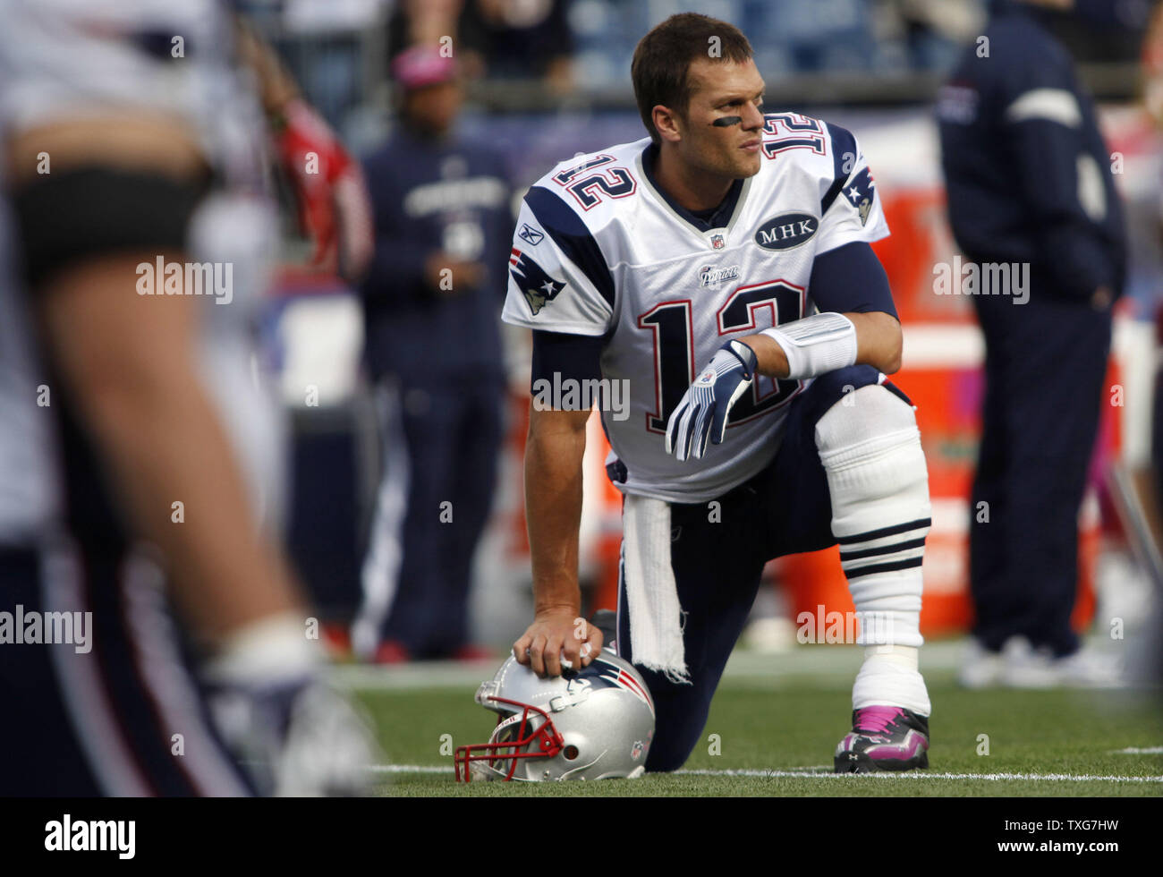 New England Patriots quarterback Tom Brady stretches with teammates before taking on the Dallas Cowboys at Gillette Stadium in Foxboro, Massachusetts on October 16, 2011.    UPI/Matthew Healey Stock Photo