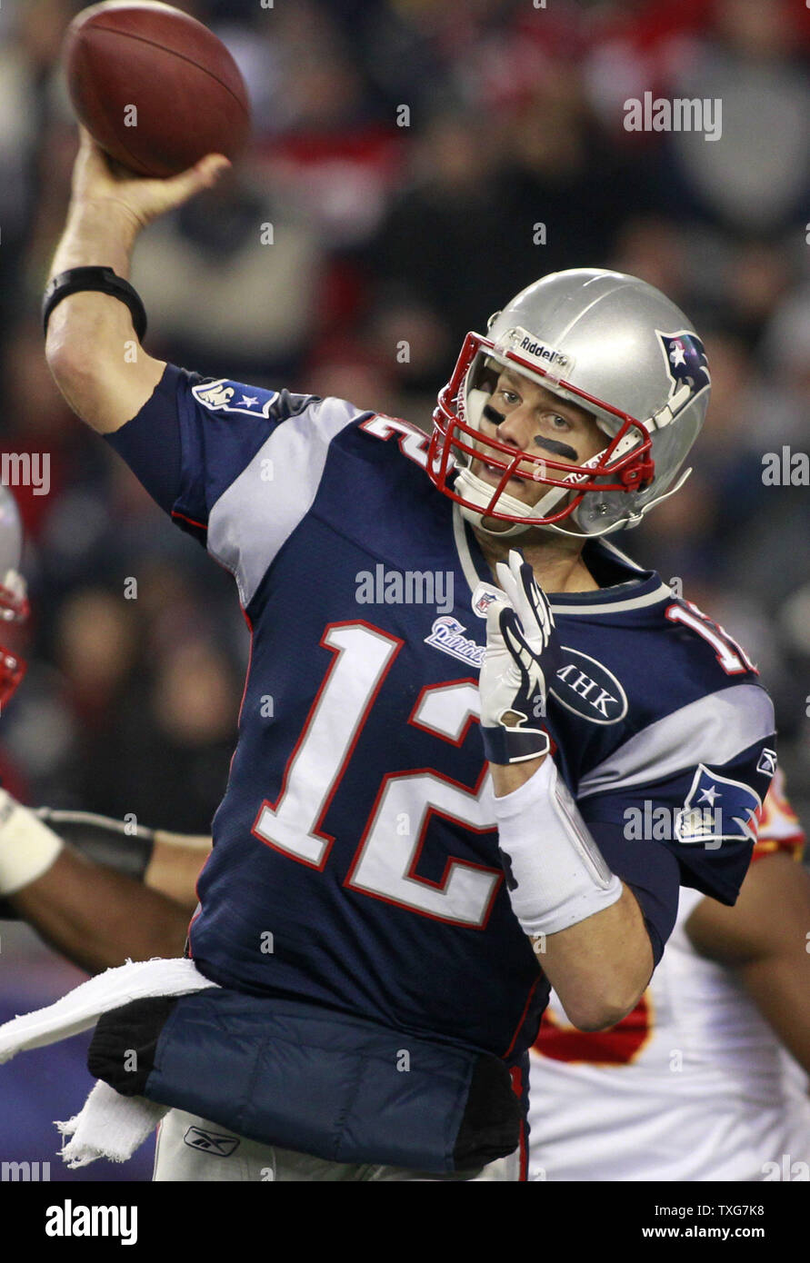 New England Patriots quarterback Tom Brady (12) throws a pass in the second quarter against the Kansas City Chiefs at Gillette Stadium in Foxboro, Massachusetts on November 21, 2011.    UPI/Matthew Healey Stock Photo