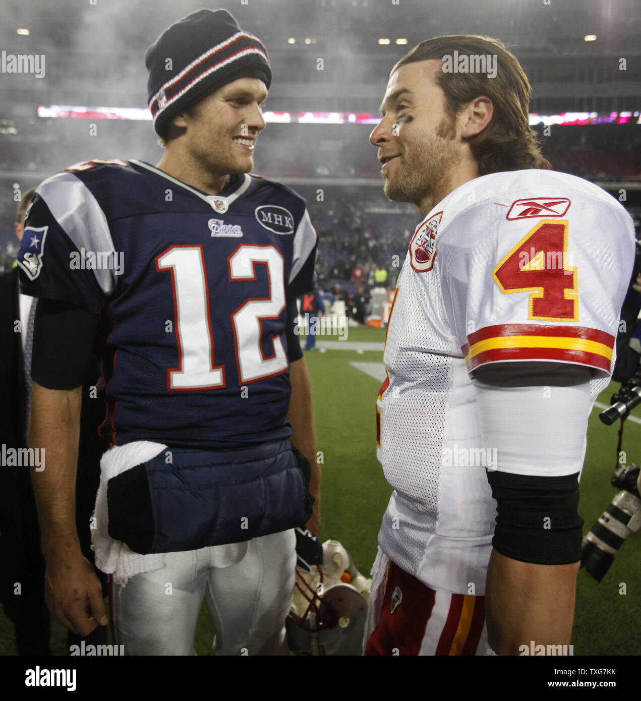 New England Patriots quarterback Tom Brady (12) chats with Kansas City Chiefs quarterback Tyler Palko after the game at Gillette Stadium in Foxboro, Massachusetts on November 21, 2011.  The Patriots defeated the Chiefs 34-3.   UPI/Matthew Healey Stock Photo