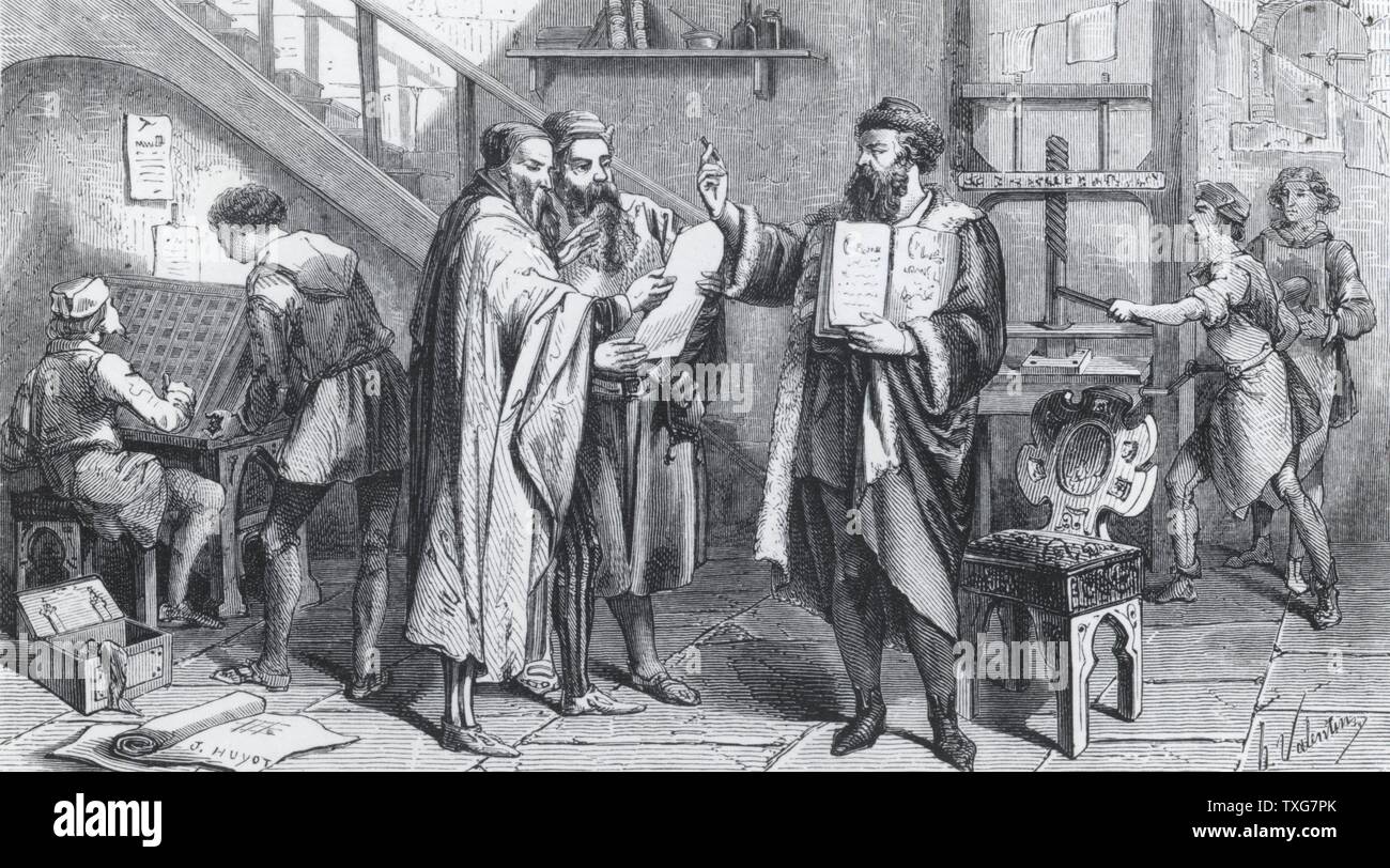 Johannes Gutenberg, German printer in his works. In about 1439 he was the first in Europe to use movable type, and he invented the printing press Woodcut Stock Photo -