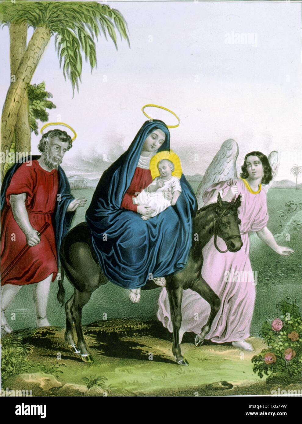 James S. Baillie The Flight into Egypt - Angel leads Mary carrying the infant Jesus on a donkey, with Joseph following behind Lithograph Stock Photo