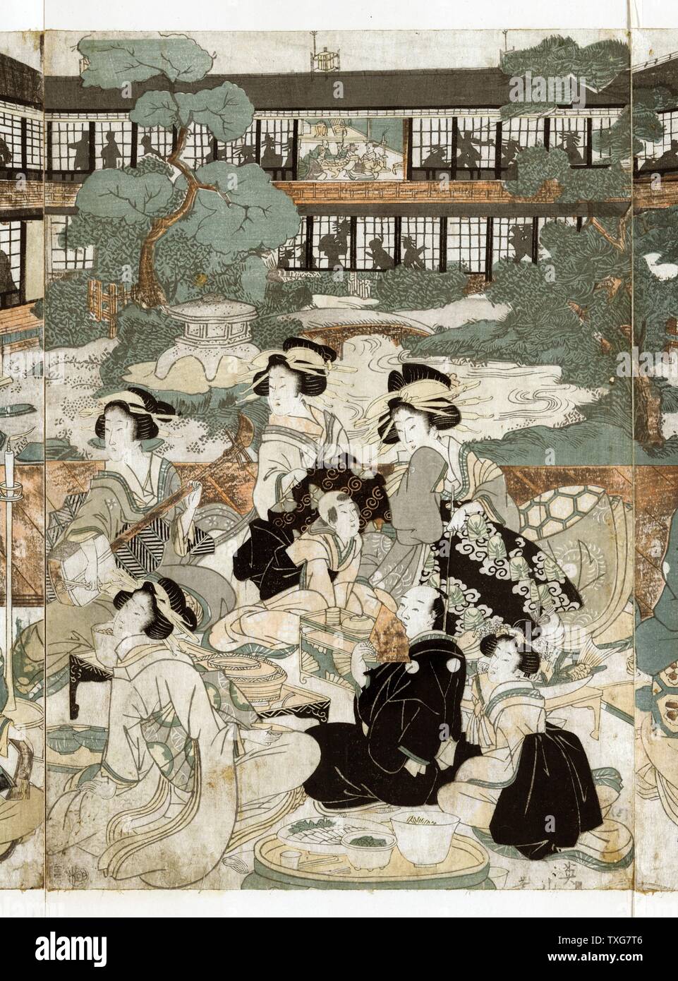 Eizan Kikukawa  Japanese school Men and women socialising and playing musical instruments in courtyard garden, of a brothel in Yoshiwara, red light district of Edo (Tokyo)  Watercolour Stock Photo