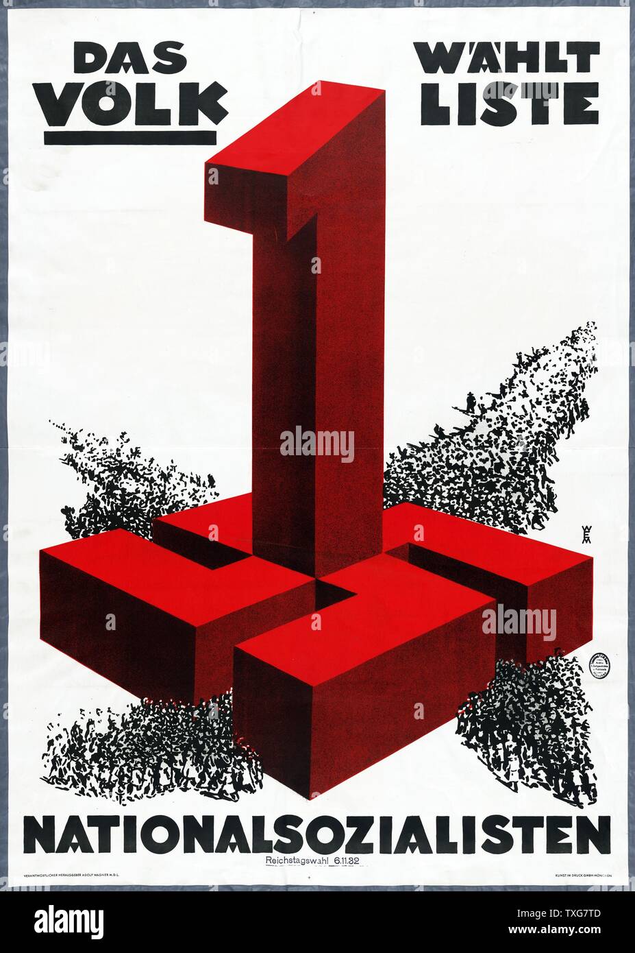 German election poster for the National Socialist German Workers' Party campaign. The large number 1 indicates position of Nazi Party in the voting list. People are flocking towards the large swastika to vote Lithograph Stock Photo