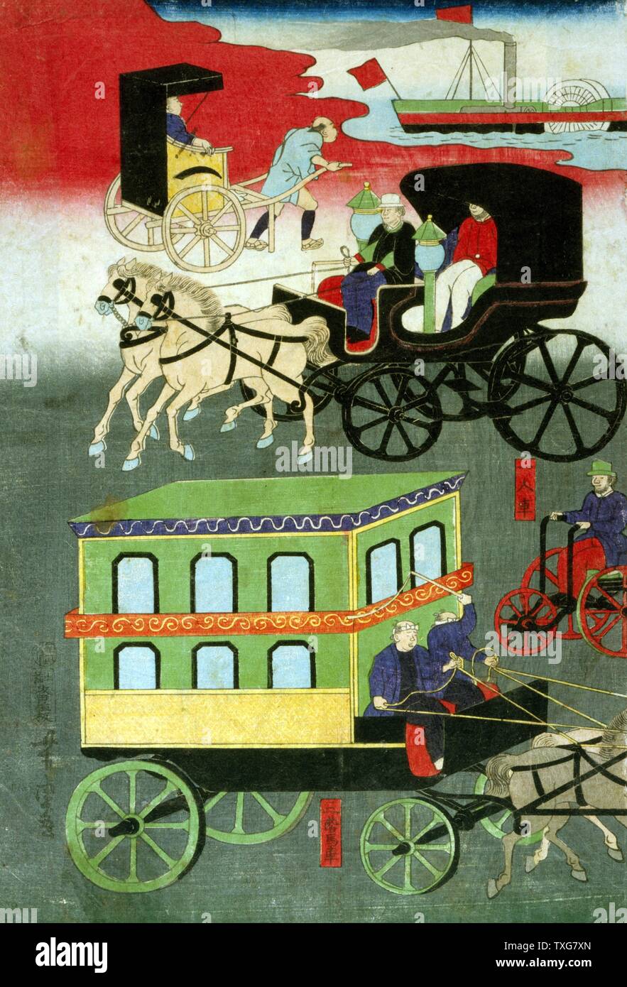 Utagawa Yoshitoro Japanese school Panel from a triptych showing various forms of transportation: Paddle steamship, Rickshaw, Passenger carriage, Tricycle with pedal and chain drive, and horse-drawn cart Woodblock Stock Photo