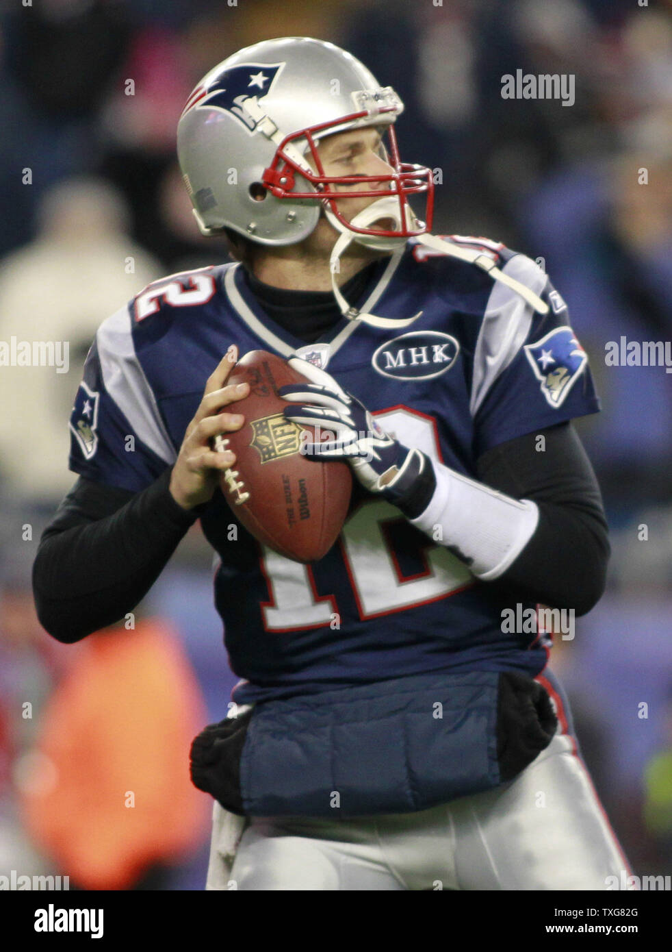 New England Patriots quarterback Tom Brady warms up before taking on the Denver Broncos in the AFC divisional playoff game at Gillette Stadium in Foxboro, Massachusetts on January 14, 2012.    UPI/Matthew Healey Stock Photo
