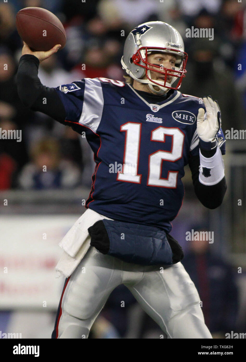 New England Patriots quarterback Tom Brady throws a pass in the first quarter against the Denver Broncos in the AFC divisional playoff game at Gillette Stadium in Foxboro, Massachusetts on January 14, 2012.    UPI/Matthew Healey Stock Photo