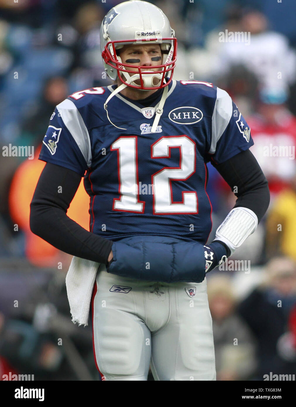 New England Patriots quarterback Tom Brady walks the field during warm ups before the AFC Championship game against the Baltimore Ravens at Gillette Stadium in Foxboro, Massachusetts on January 22, 2012.   UPI/Matthew Healey Stock Photo