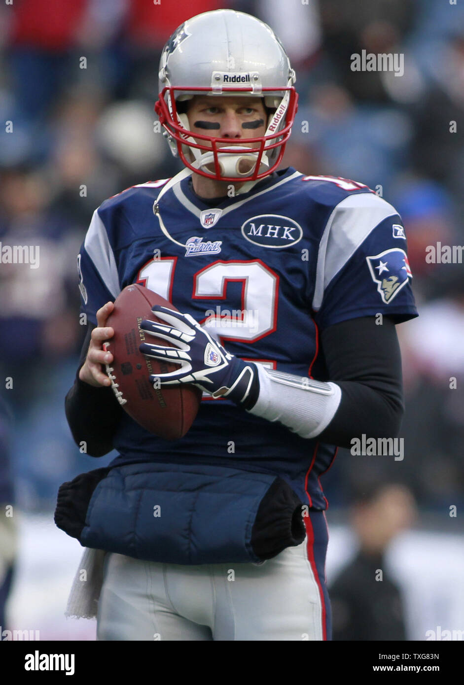 New England Patriots quarterback Tom Brady warms up before the AFC Championship game against the Baltimore Ravens at Gillette Stadium in Foxboro, Massachusetts on January 22, 2012.   UPI/Matthew Healey Stock Photo