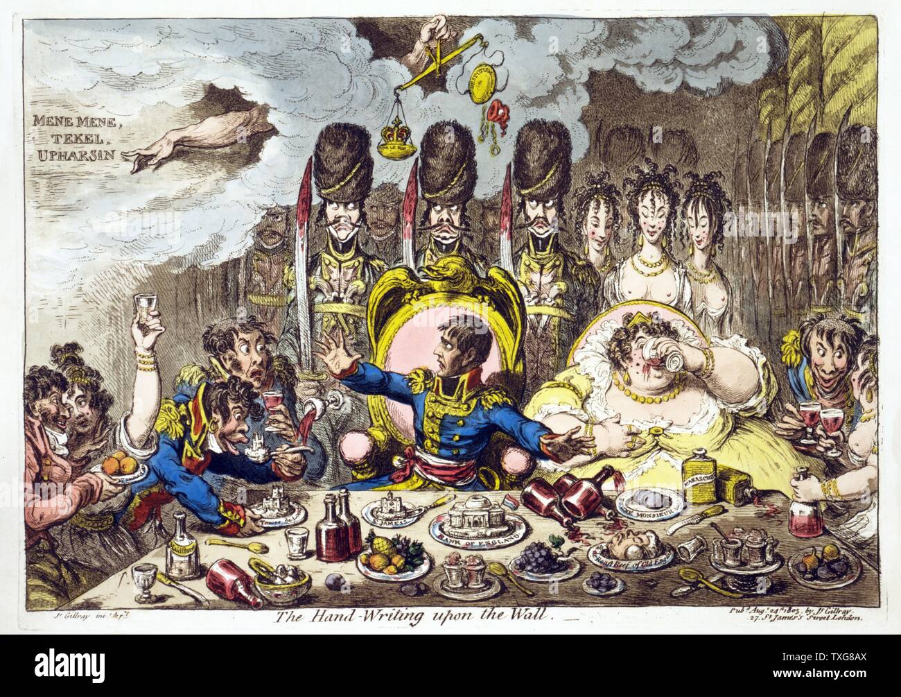 James Gillray  British school The Hand-Writing upon the Wall -  Napoleon and Josephine, guarded by French soldiers, enjoy a feast of English riches. Above his head a crown is overbalancing a Cap of Liberty Stock Photo