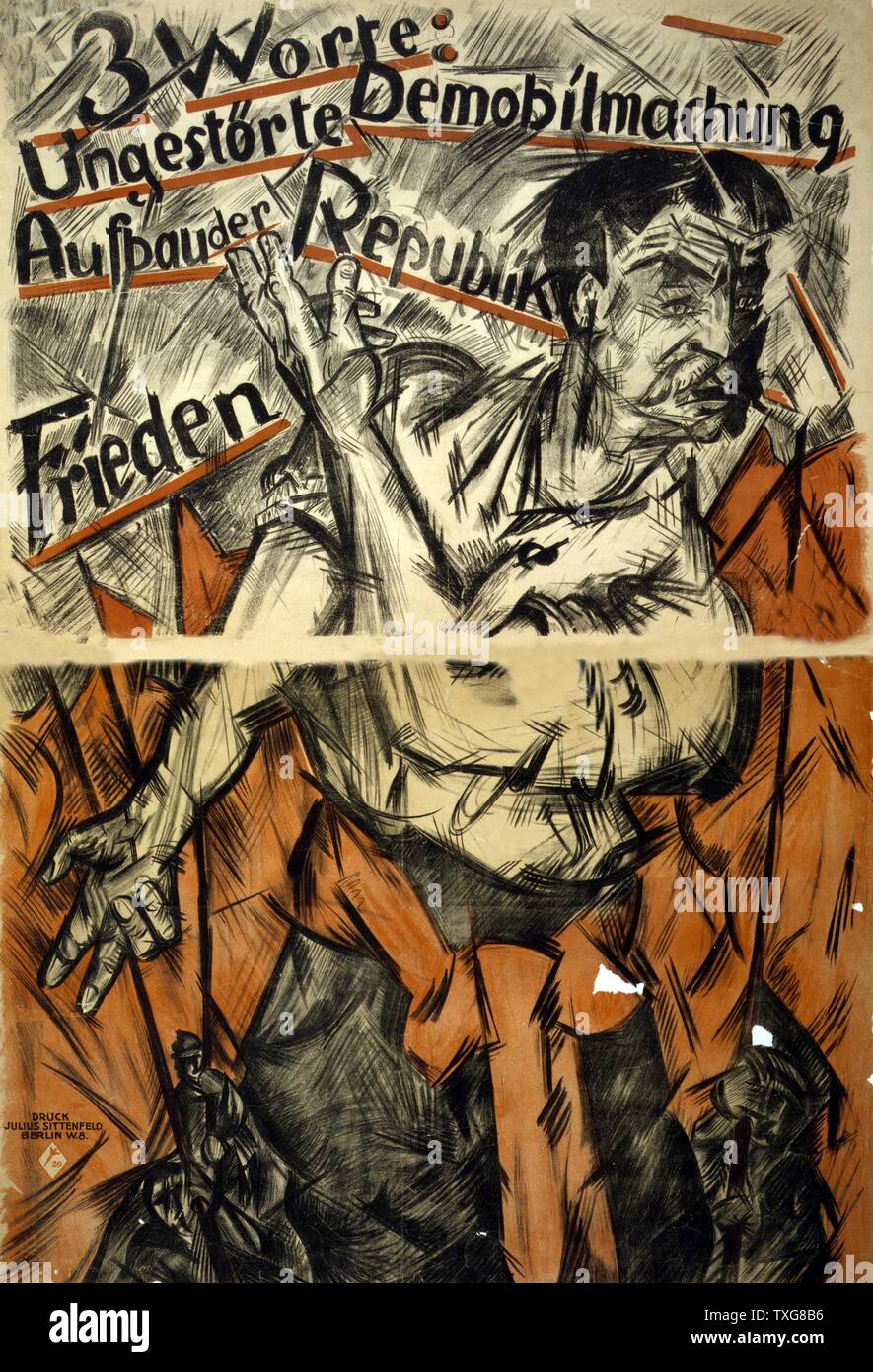 German political poster Man with red sash standing against background of red flags points to three phrases underlined in red 'Undisturbed demobilization', 'Creation of the Republic', 'Peace' Stock Photo