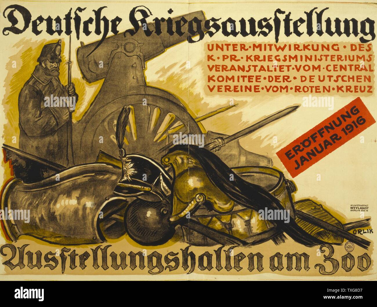Emil Orlik Deutsche Kriegsausstellung - Poster shows a German soldier standing guard by a collection of military gear and weapons, including a helmet, sword, shield, armour, flag, cannon balls Stock Photo