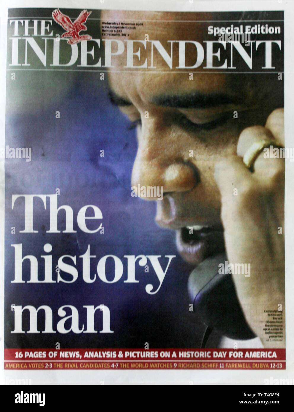 Front page of the ''The Independent' newspaper 5th November 2008. Mainly about the election of Barak Obama as United States President 'The history man' Stock Photo