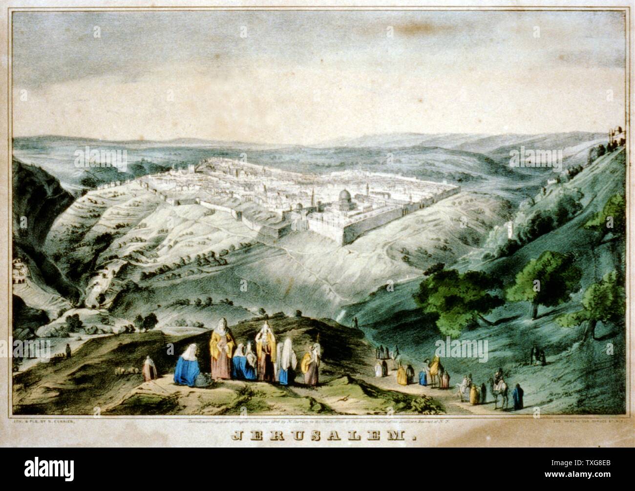 View of Jerusalem showing it as a walled city sited on the top of a hill Lithograph Stock Photo