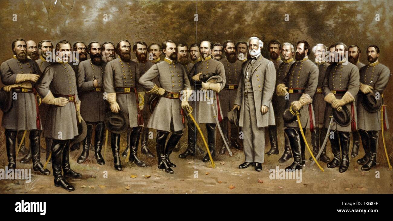 Group portrait of General Robert E. Lee, with his generals in the American Civil  War (1861-1865). Lee, a officer in the United States Army, fought on the  Confederate (Southern) side in the