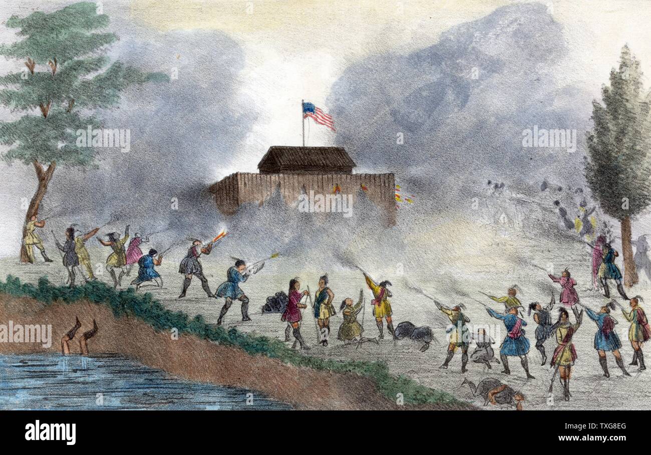 Seminoles, Native American Indians attacking fort flying the American flag. This is possibly on a fort on the Withlacoochee River, in December 1835 Stock Photo
