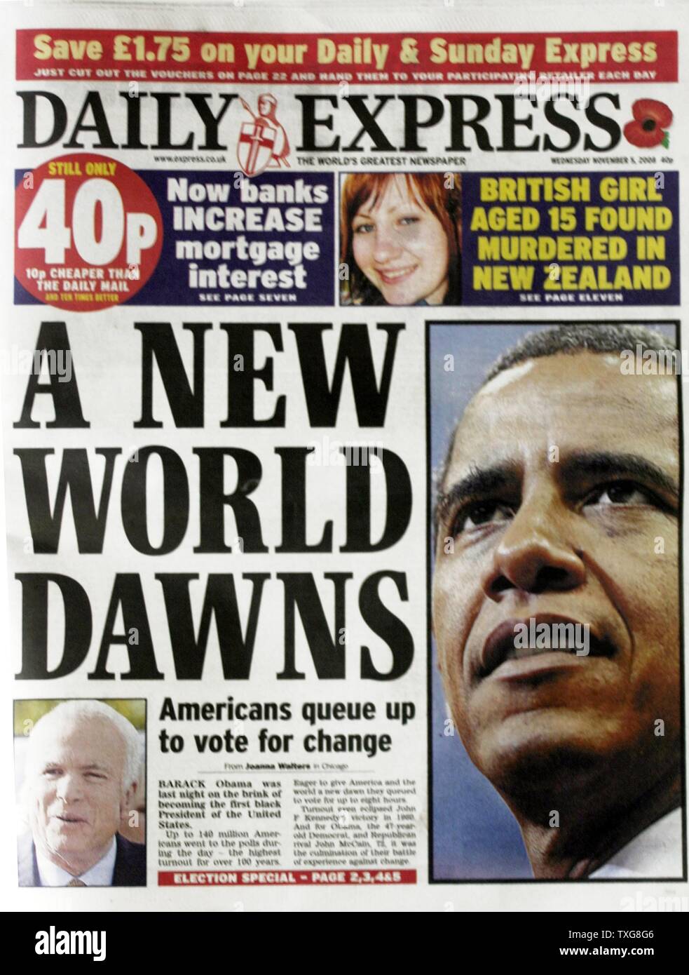 Front page of the 'Independent' newspaper 6th November 2008 Lead story : Election of Barack Obama as United States President Stock Photo