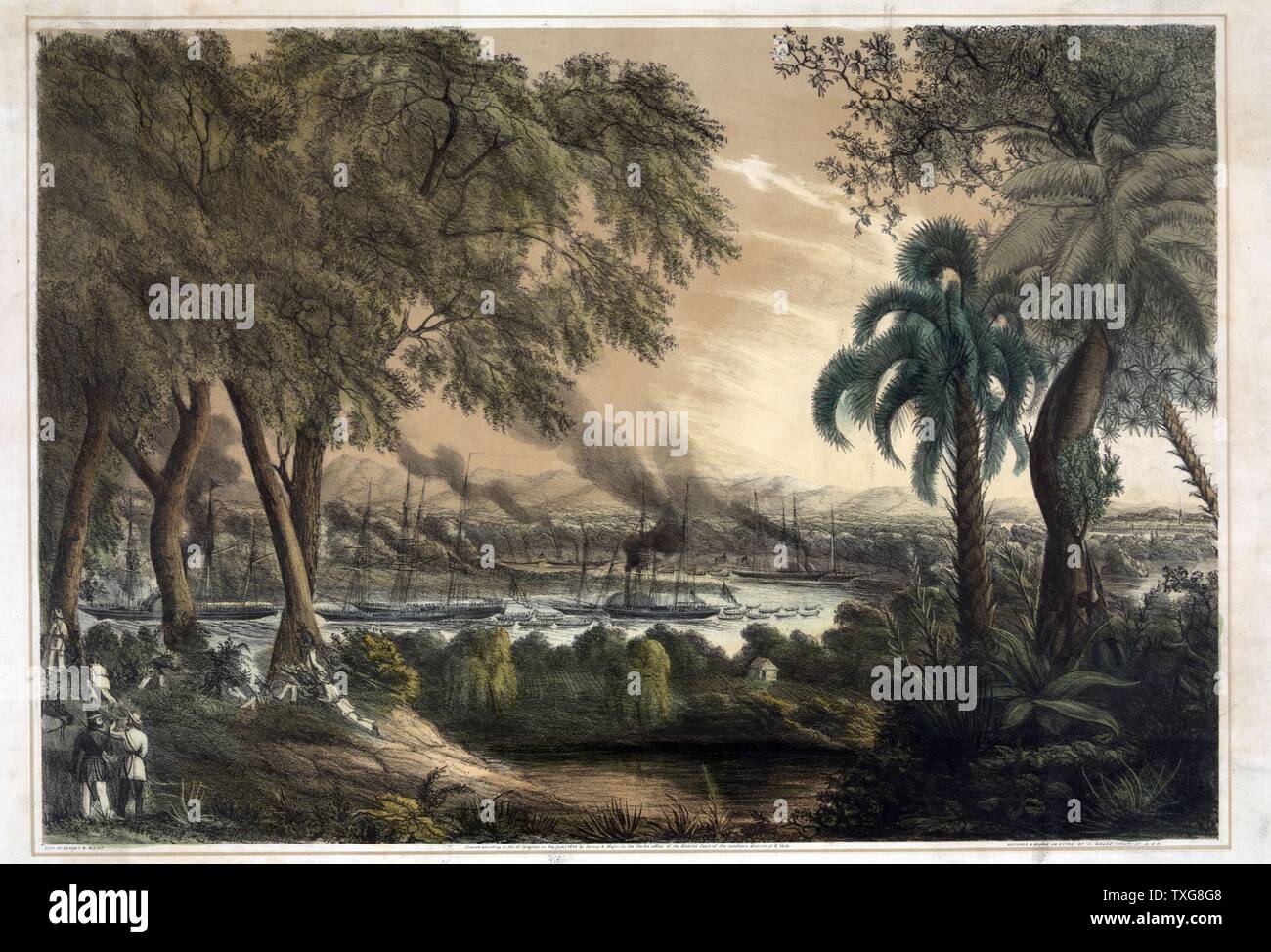 Mexican-American War 1846-1848 :  Seven vessels under Commodore Matthew Perry ascending the Tabasco (Grijalva) River 15 June 1847. Part of American attempt to block Mexican ports on Gulf of Mexico Stock Photo
