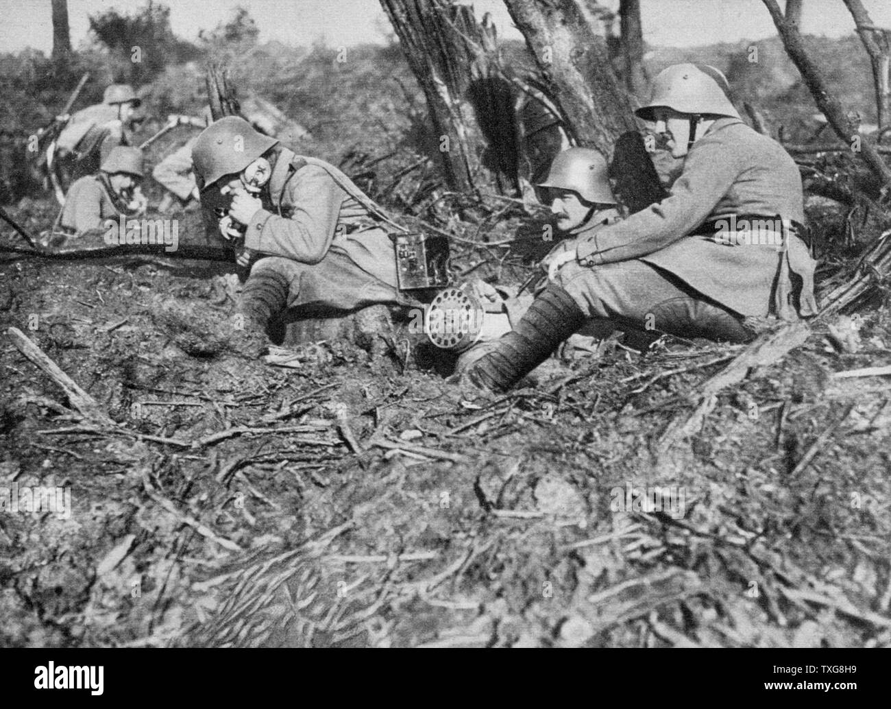 World War I   : German soldiers phoning during the Battle of the Somme, France Stock Photo