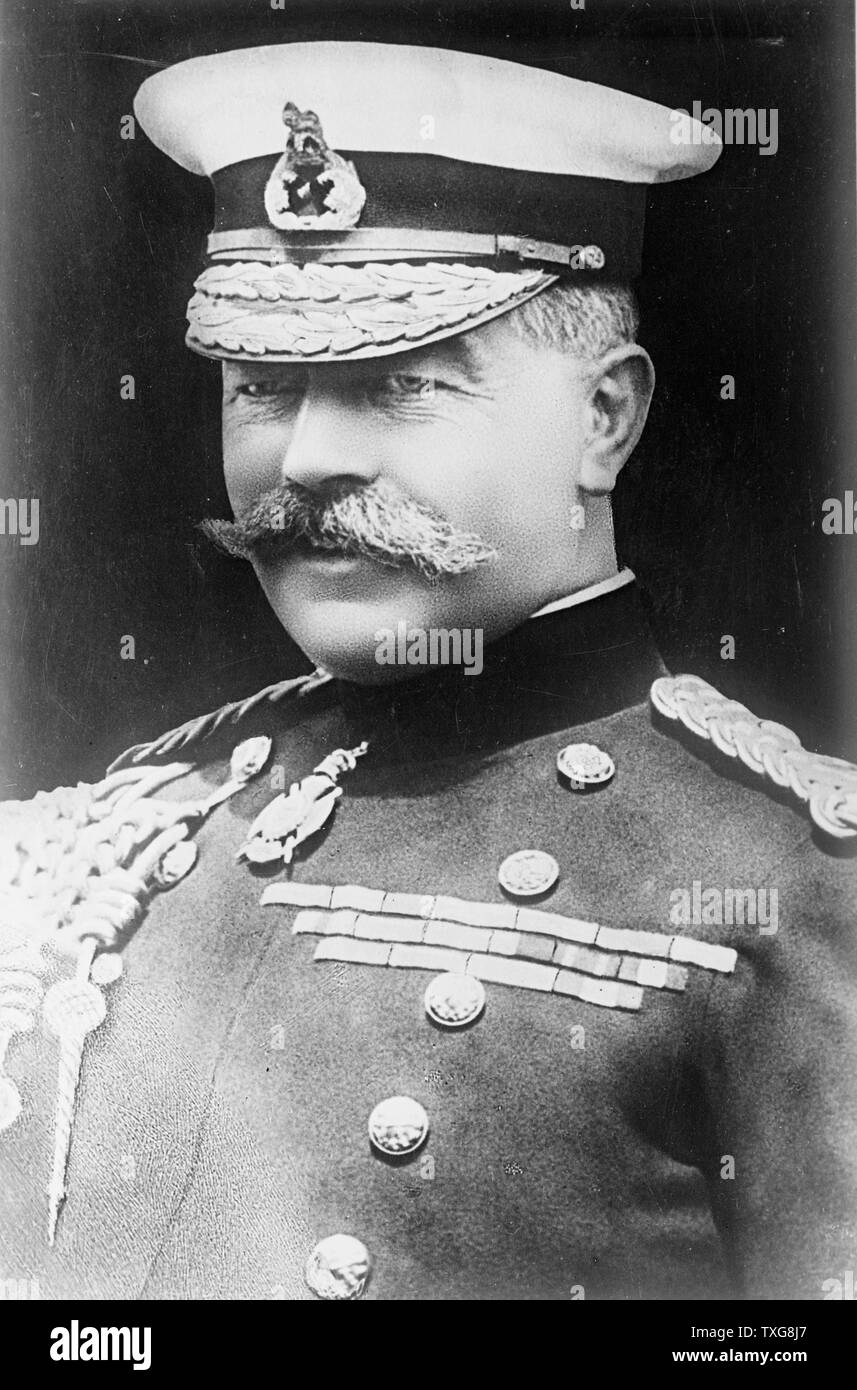 Horatio Herbert Kitchener, 1st Earl Kitchener (1850– 1916) British Field Marshal who played a central role in the early part of the World War I.  In June 1916 he died when HMS Hampshire struck a German mine and sank. Stock Photo