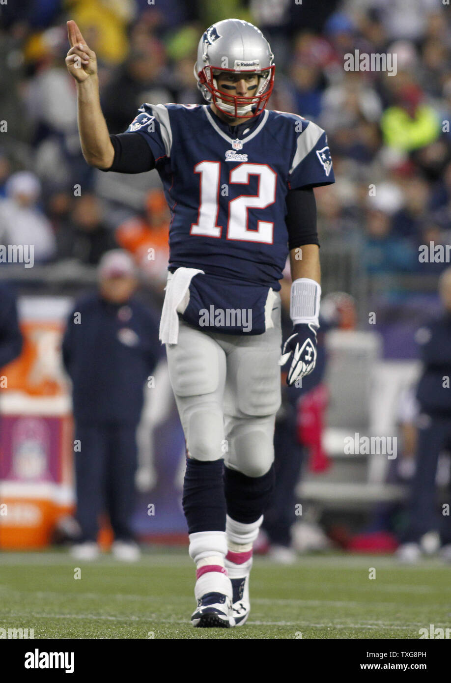 New England Patriots quarterback Tom Brady (12) makes a call over to the sideline in the third quarter against the Denver Broncos at Gillette Stadium in Foxboro, Massachusetts on October 7, 2012.  The Patriots defeated the Broncos 31-21.   UPI/Matthew Healey Stock Photo