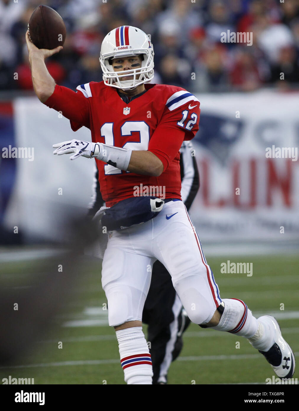 New England Patriots quarterback Tom Brady attempts a pass in the second quarter against the New York Jets at Gillette Stadium in Foxboro, Massachusetts on October 21, 2012.  UPI/Matthew Healey Stock Photo
