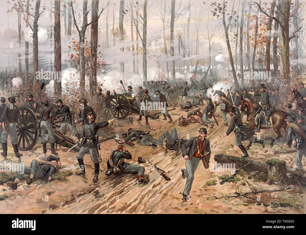 Battle of Shiloh (Battle of Pittsburgh Landing), Tennessee, 6-7 April 1862 Major battle in American Civil War (1861-1865). Ulysses S. Grant directing his Union troops to victory against the Confederates After painting by Thure deThulstrup Stock Photo