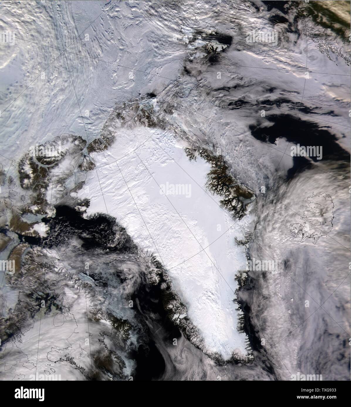 Satellite image of  a snow and ice-covered Greenland in 2000 Credit NASA Stock Photo