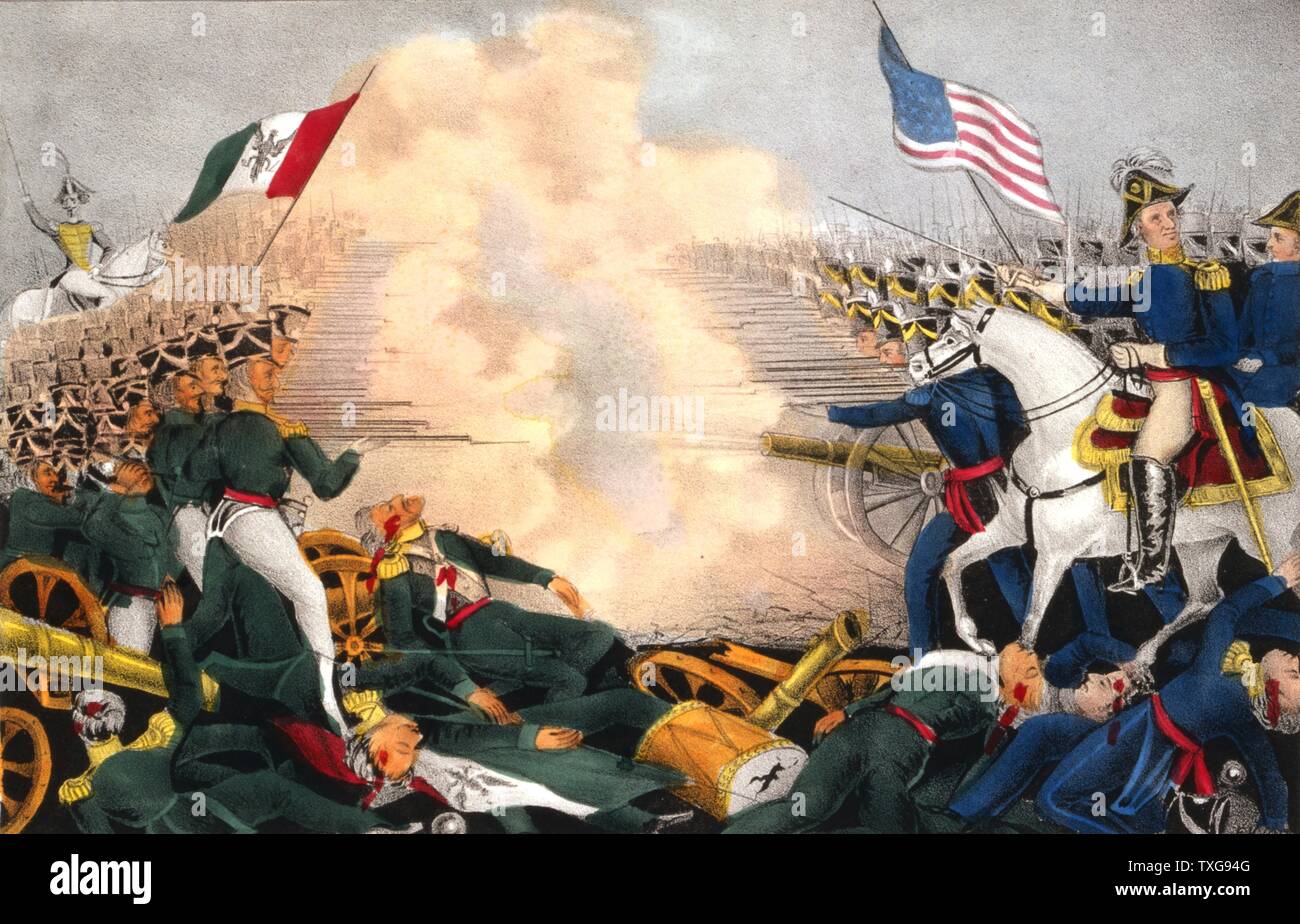 Mexican-American War 1846-1848 : Battle of Buena Vista, also known as Battle of Angostura.  Mexicans under Santa Anna in green, defeated by Americans under General Zachary Taylor Currier & Ives print Lithograph Stock Photo