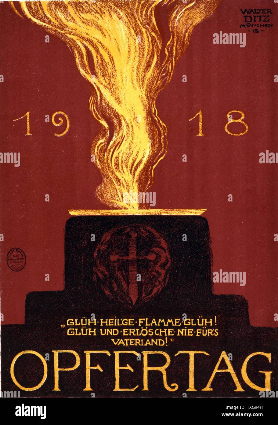 World War I   : defeat of Germany. 'Day of Sacrifice'  German poster showing an altar with a cross in the form of a dagger, and imploring the holy flame to burn brightly forever for the Fatherland Lithograph Stock Photo