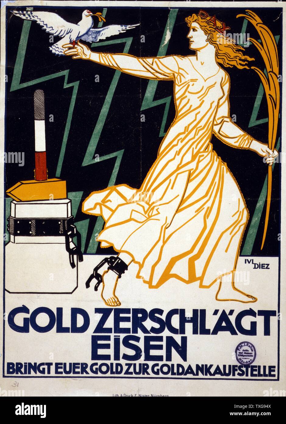 Woman representing Peace, carrying a dove and a gold palm, strides away from the block from which she has been freed by gold hammer Lithograph Stock Photo