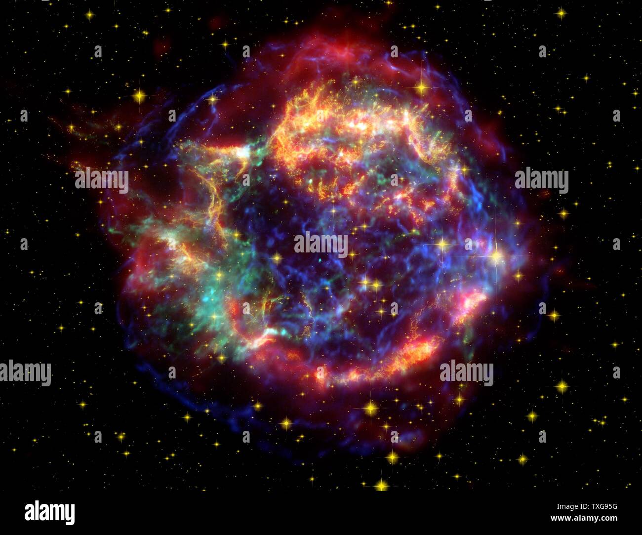 False-colour image of supernova remnant Cassiopeia A in constellation Cassiopeia, 10,000 light-years away. It is the remnant of a once massive star that died in a supernova explosion Credit NASA Stock Photo