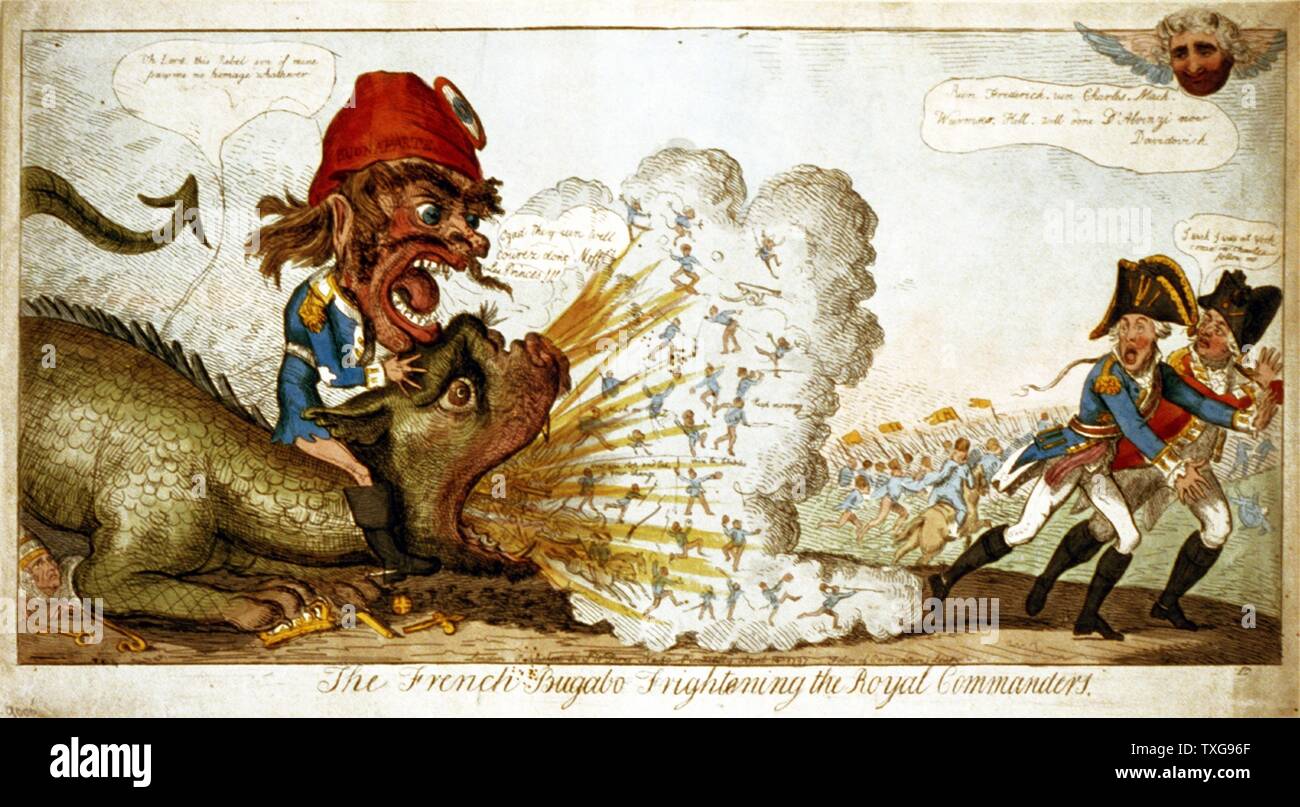 Isaac Cruikshank  Scotish school The French Bugabo Frightening the Royal Commanders. Bonaparte, on dragon spitting men and weapons. Archduke Charles, Duke of York, and Austrian army on the run. The Pope lies crushed by monster Stock Photo