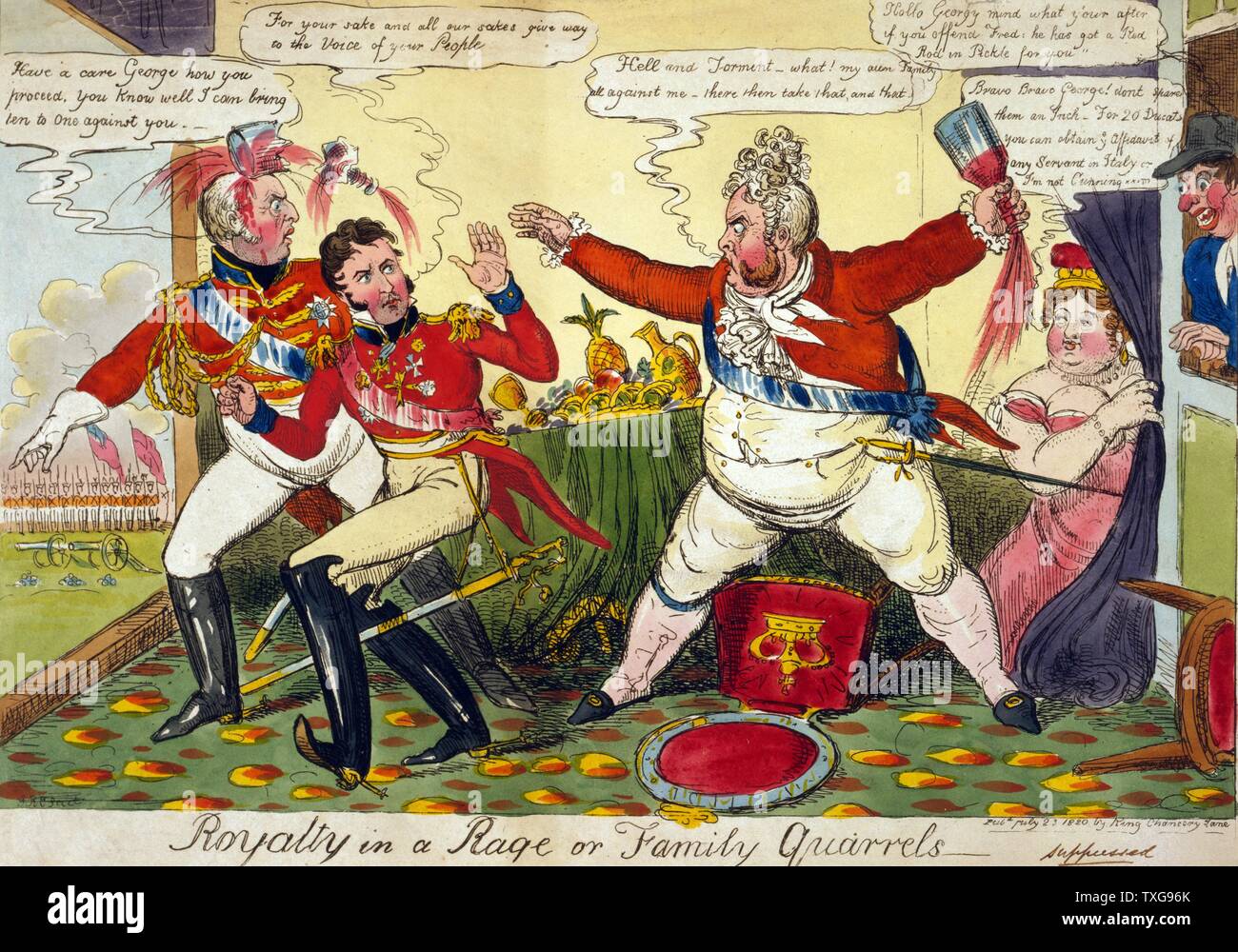 Robert Cruikshank British school Royalty in a Rage or Family Quarrels - George IV angry with his brothers Frederick and William, unwilling to support him in his divorce proceedings against Queen Caroline Etching Stock Photo