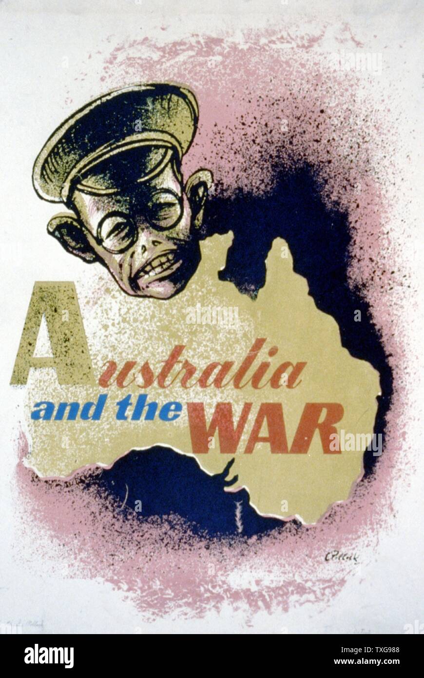 World War II : Australian propaganda poster emphasising the Japanese threat. Map of Australia and the face of Hirohito. Stock Photo