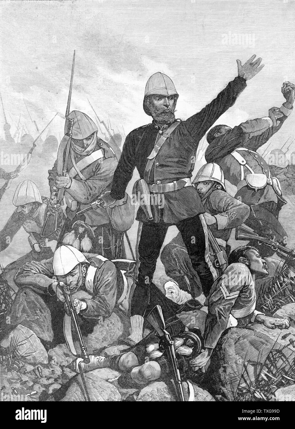 First Boer War 1880-1881 also called Transvaal War : General Sir George Colley, Governor and Commander-in Chief of Natal, at  Battle of Majuba Hill, South Africa Woodcut Stock Photo