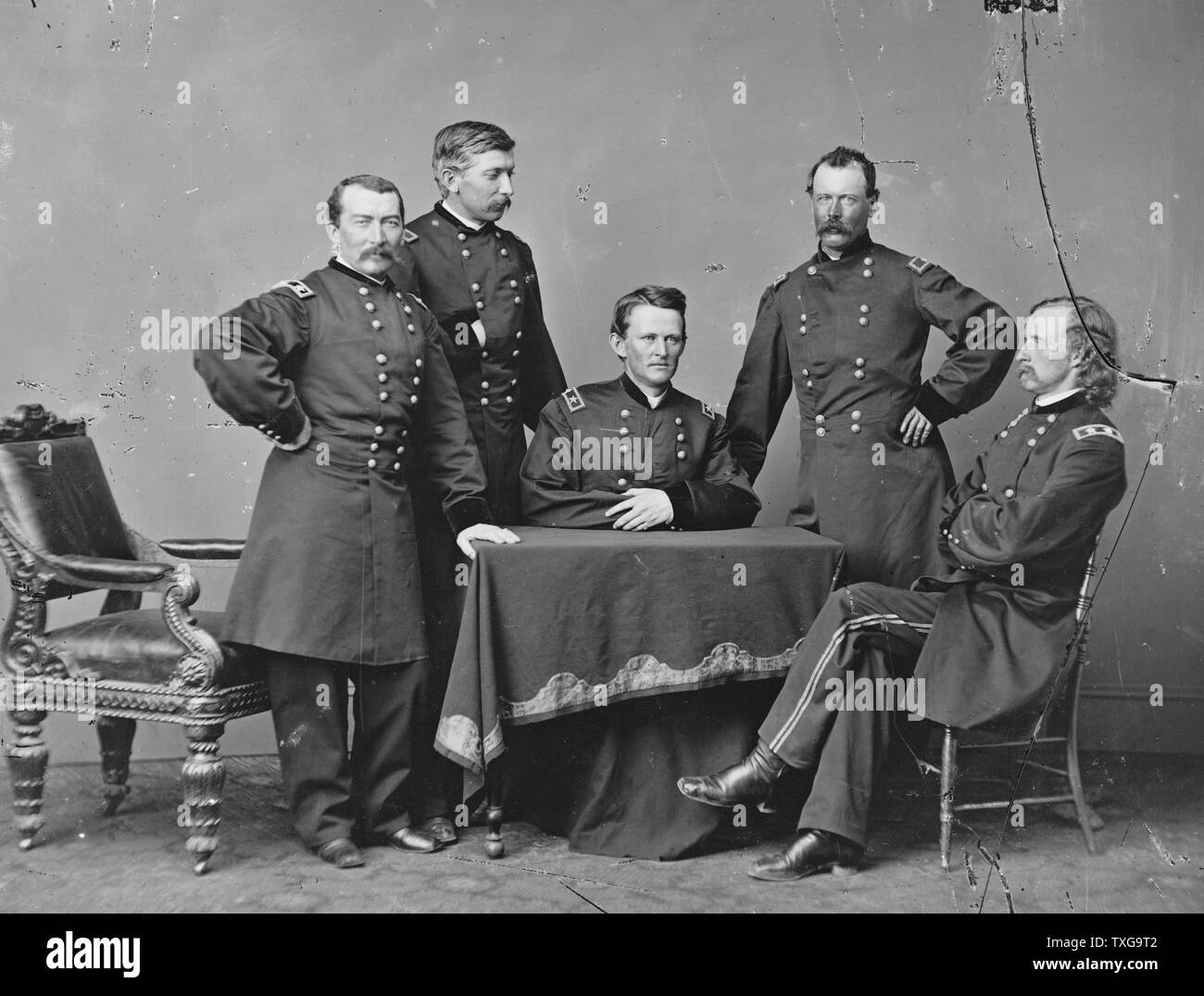 General of the Union Philip Sheridan, standing right, and his Staff officers during the American Civil War 1860-65. Stock Photo