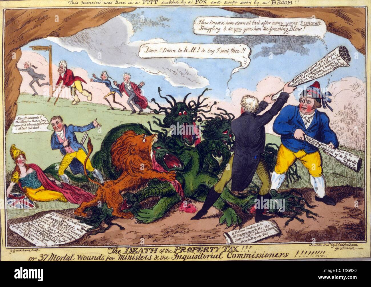 George Cruikshank British school 'The Death of the Property Tax!' -  Henry Brougham, John Bull, and British Lion attack hydra of Property Tax. In background Prince Regent and his ministers on the run. Etching Stock Photo