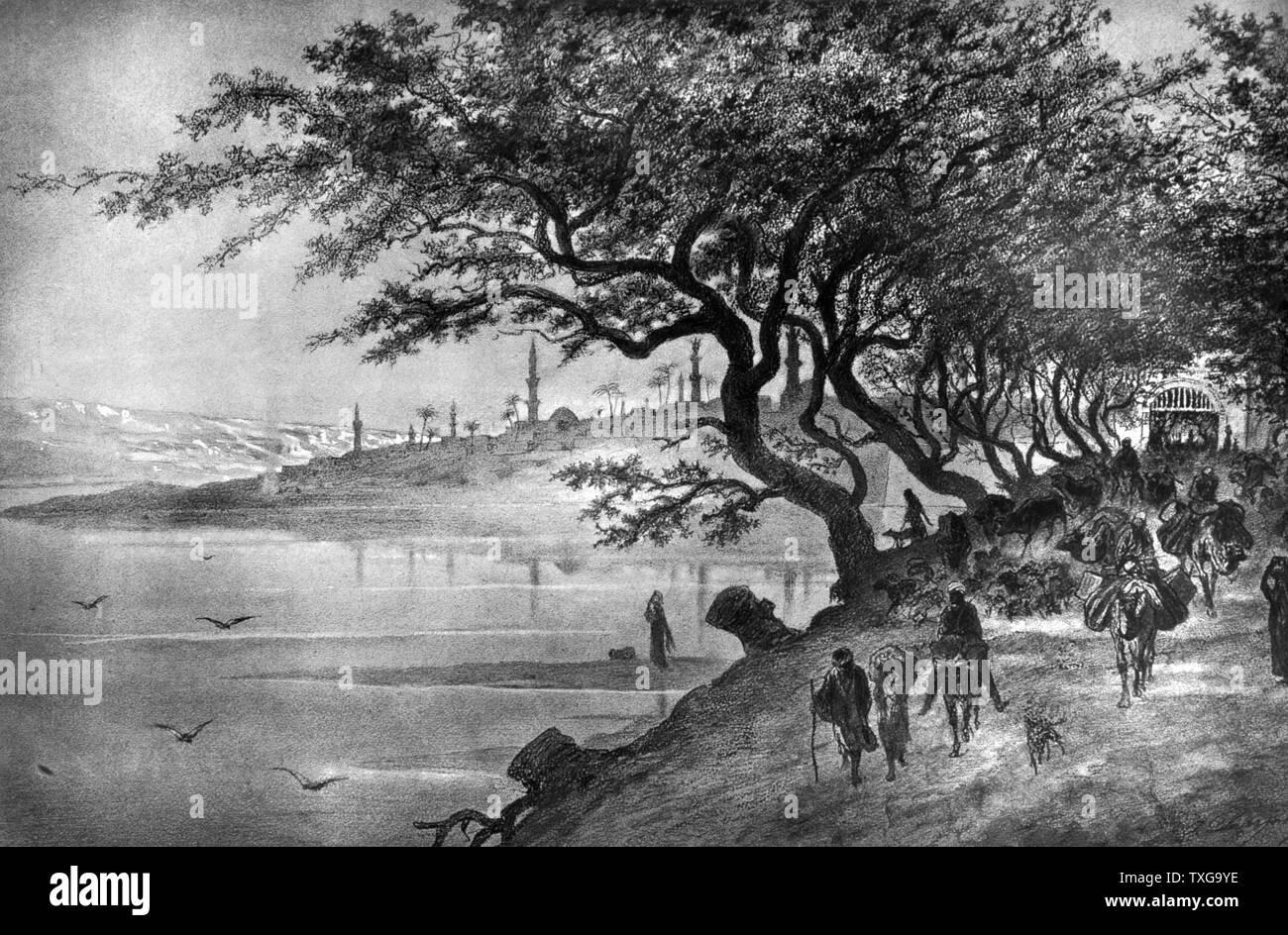Travellers leaving a city via a tree-shaded road Engraving from 'Le Caire et la haute egypte' (Cairo and Upper Egypt), Paris, 1872. Stock Photo