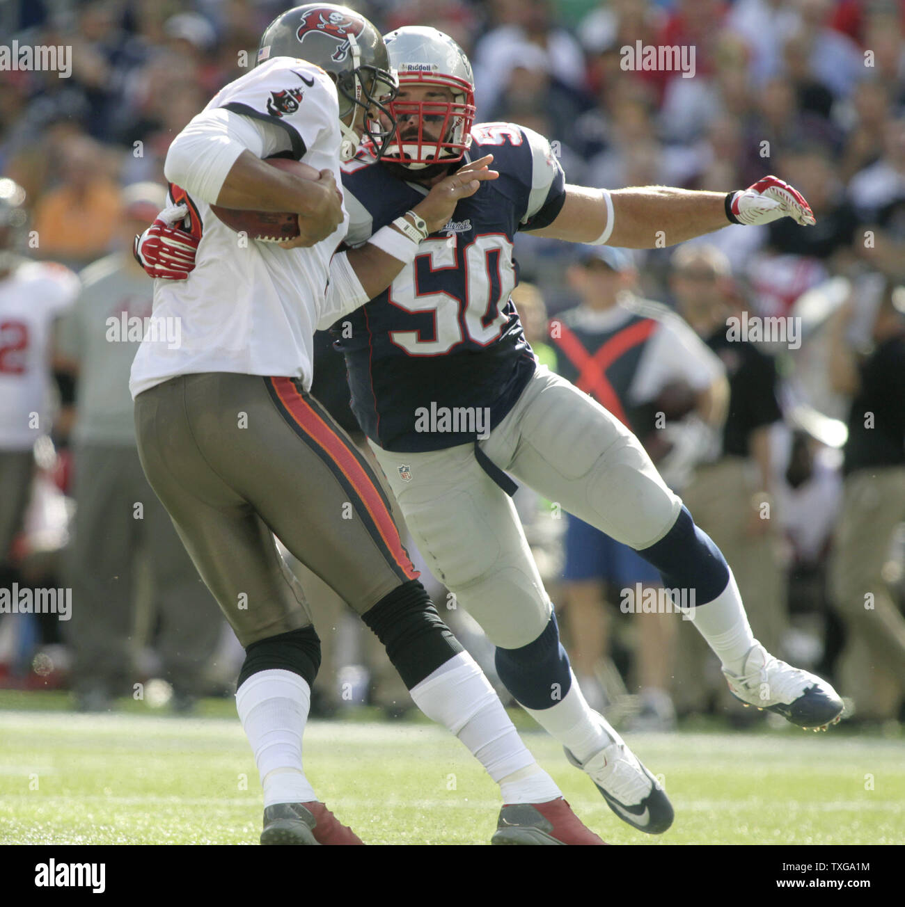 Quarterback Josh Freeman of the Tampa Bay Buccaneers is sacked by