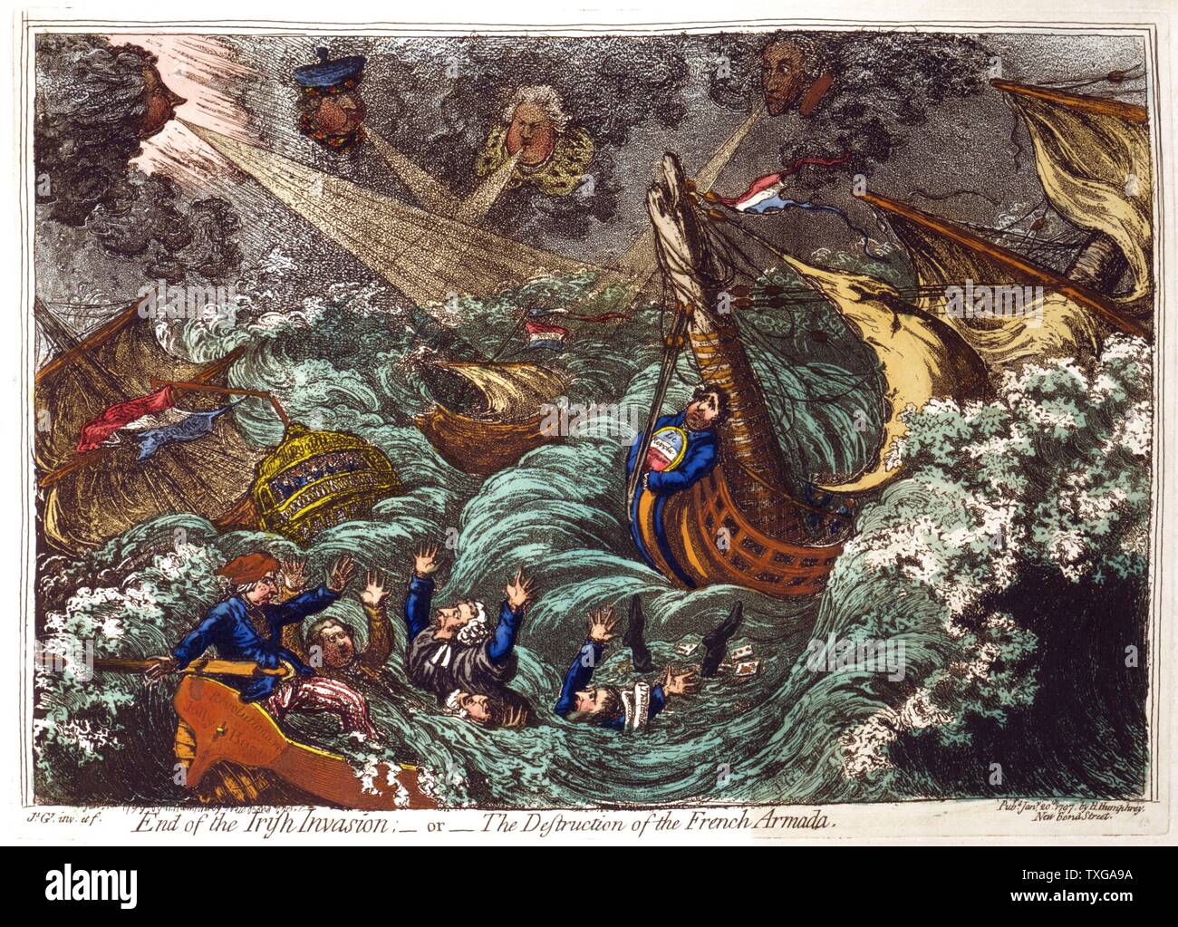 James Gillray  British school End of the Irish Invasion - or -  The Destruction of the French Armada French ships wrecked in storm blown up by Pitt, (top left) and his ministers. Charles James Fox and his Opposition allies in danger of drowning. Print Stock Photo