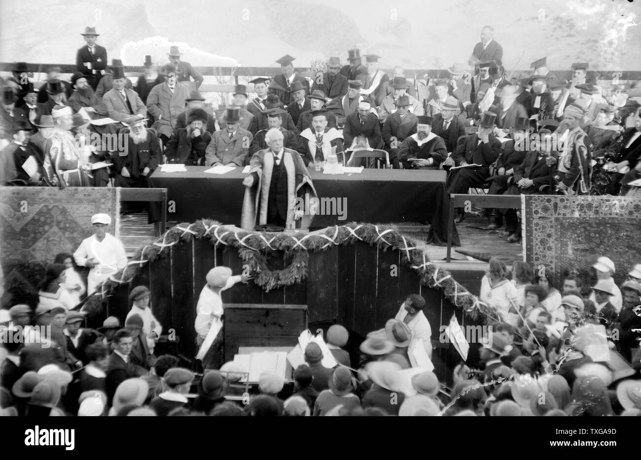 Lord Balfour declaring the Hebrew University, Jerusalem, Palestine - 1925.   Lord Balfour was a British Conservative politician and statesman. Stock Photo