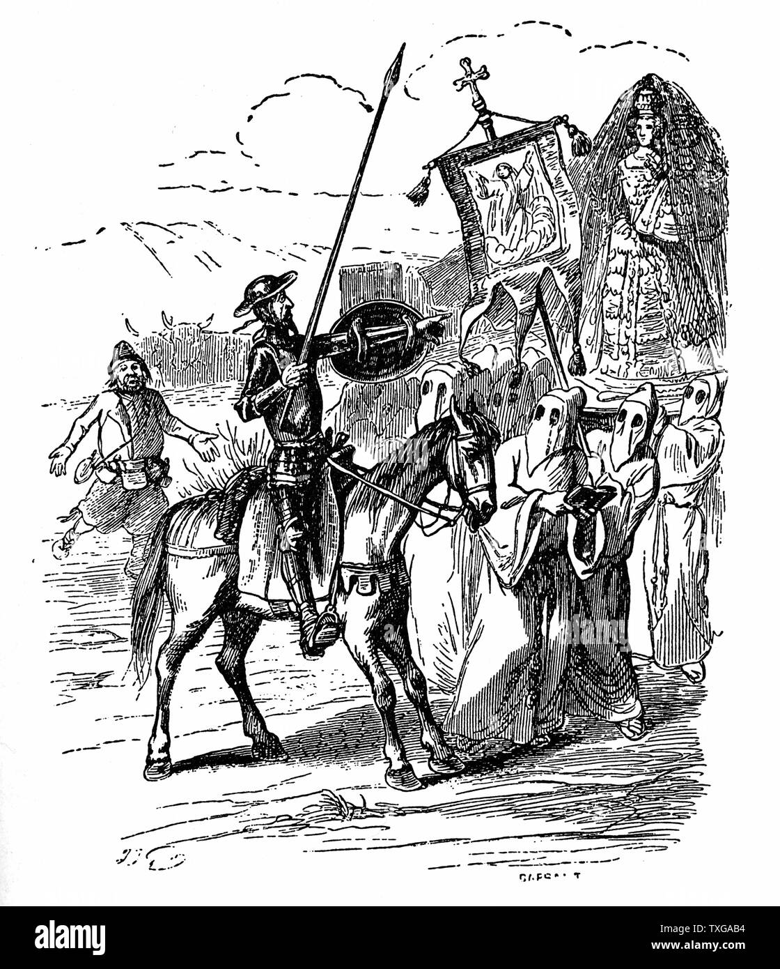 Miguel de Cervantes, Spanish novelist, poet, and playwright. His magnum opus Don Quixote  is considered the first modern novel. Illustration shows the knight-errant Don Quixote de la Mancha. The procession of penitents Stock Photo