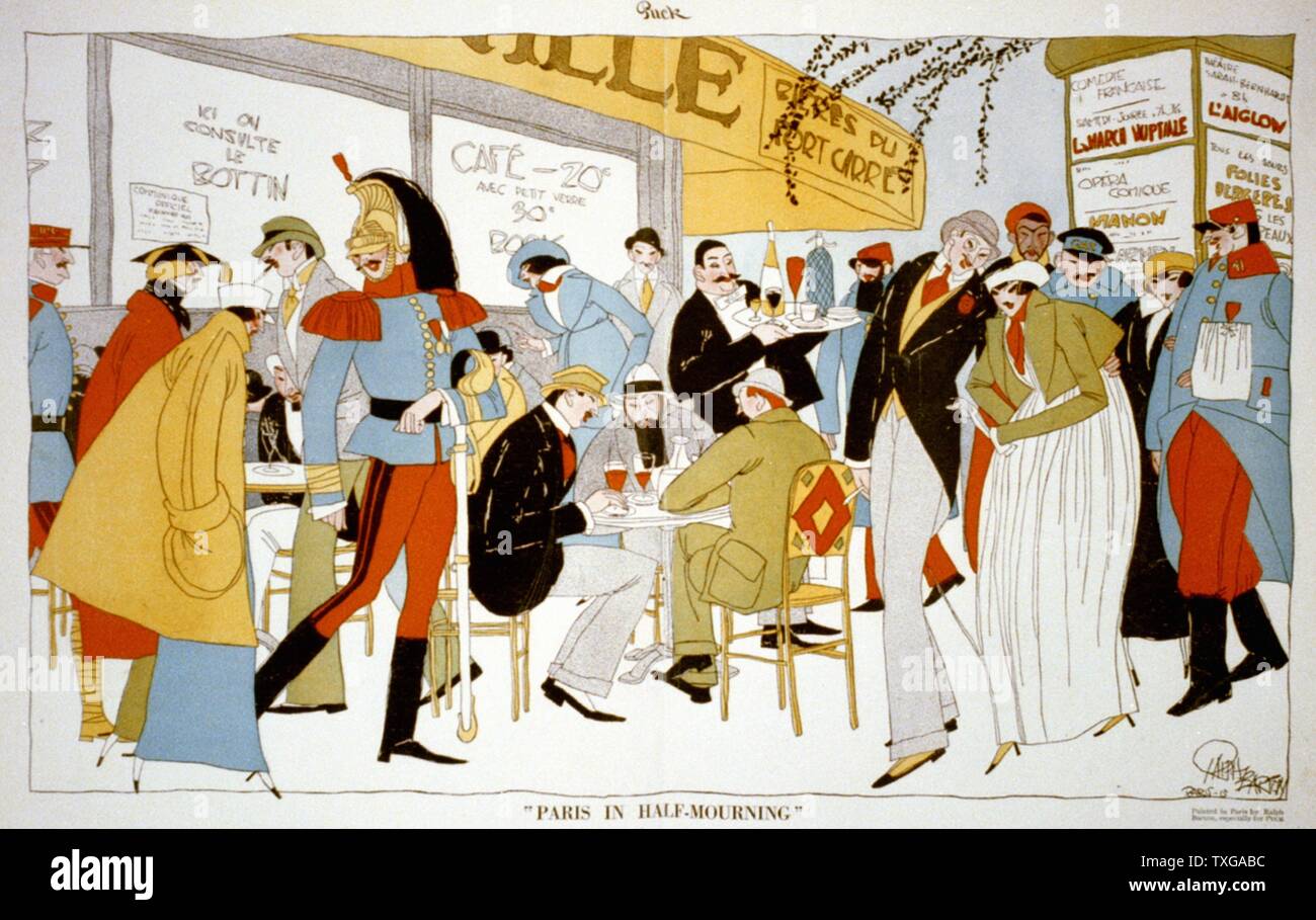 Ralph Barton  American school World War I : 'Paris in Half-Mourning'. Satirical cartoon for the magazine 'Puck', New York - 1915. Soldiers in smart uniforms and fashionably dressed Parisians at a pavement cafe. Stock Photo