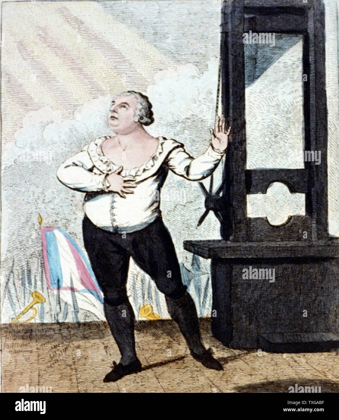 Isaac Cruikshank Scottish school The martyrdom of Louis XVI, King of France - 'I forgive my enemies, I die innocent!' Louis in dramatic pose on the scaffold, next to a guillotine, about to be executed. Print Stock Photo