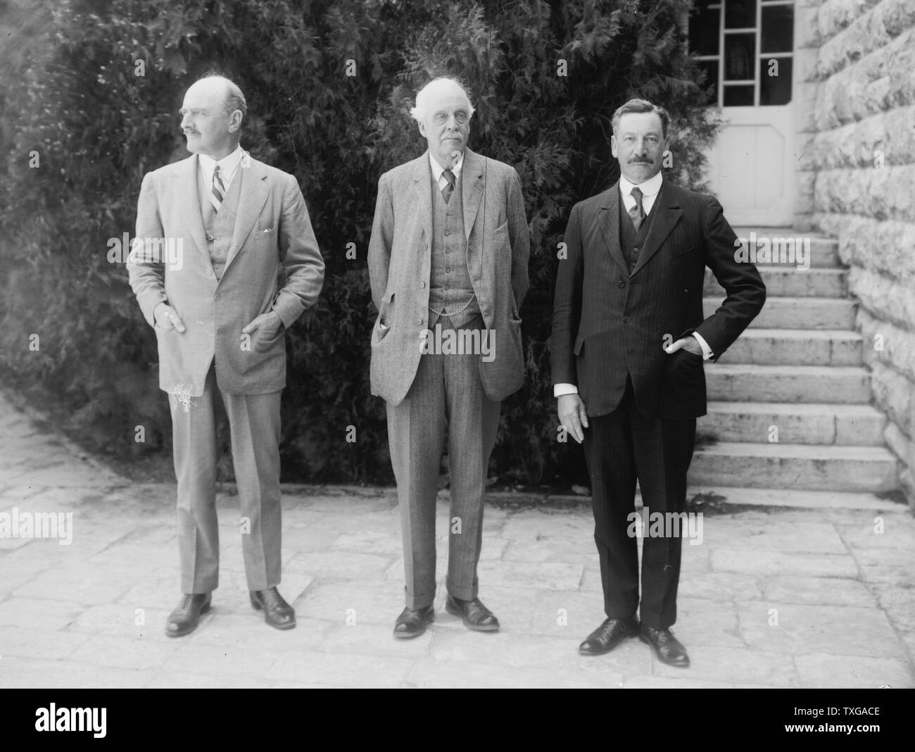 Lord Balfour's visit to the Hebrew University of Jerusalem, Palestine 1925. Arthur James Balfour, British statesman, Herbert Samuel, British politician and diplomat, and General Allenby. Stock Photo