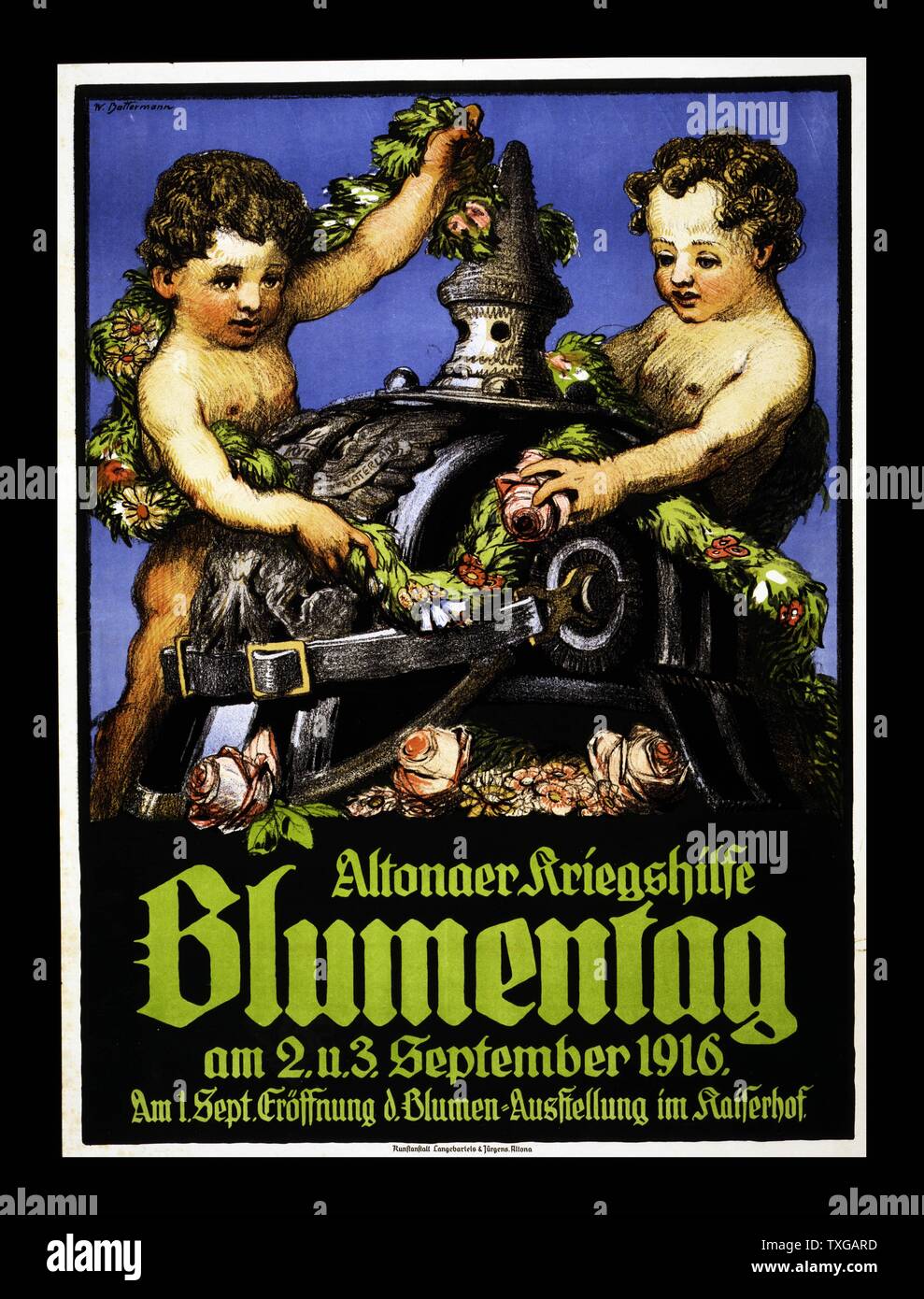 Poster showing two cherubs decorating a German helmet with garlands of flowers. Text: Altona's War Relief Flower Day. Poster also announces opening of the Flower Exhibit at the Kaiserhof. By Wilhelm Battermann. Stock Photo