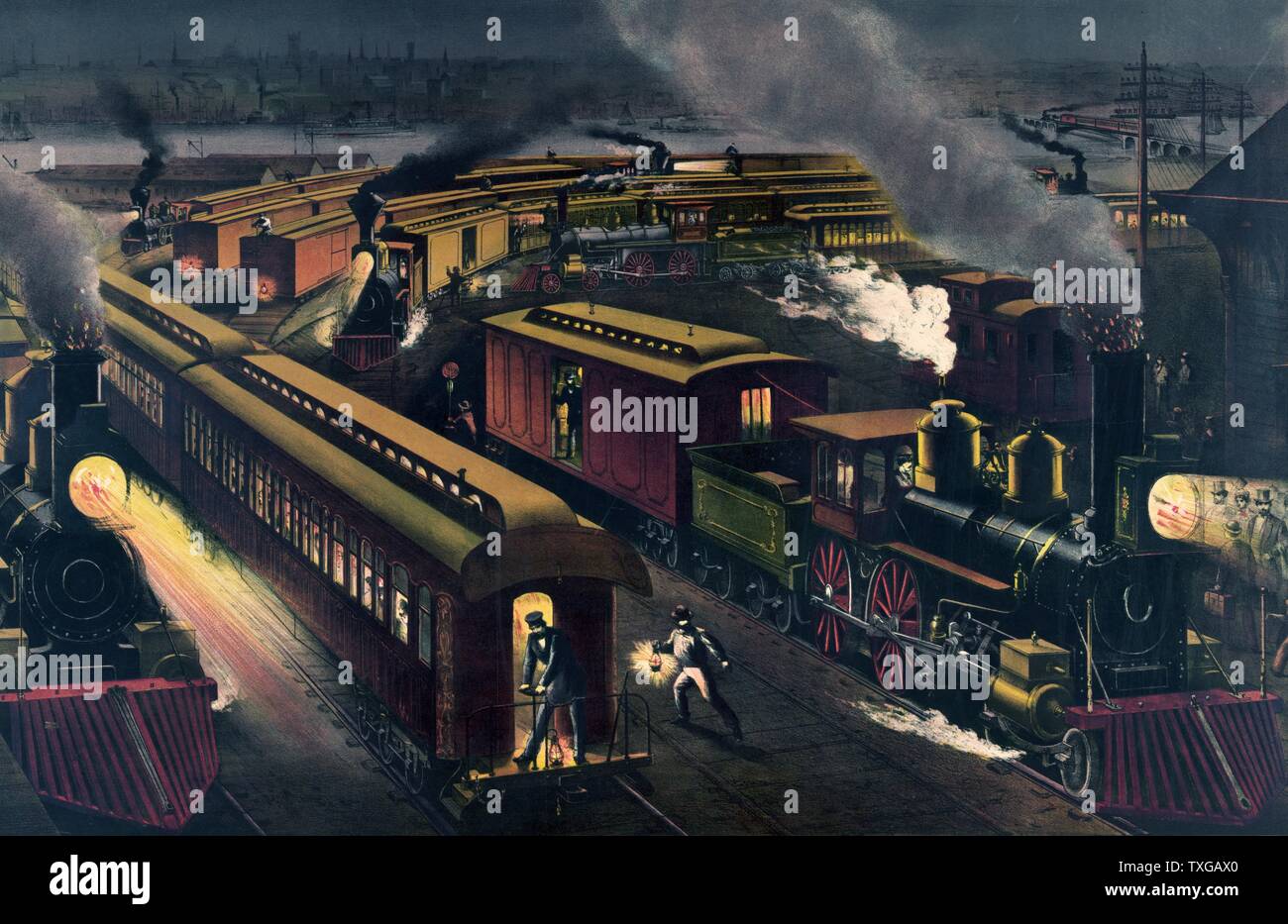 Night scene at a junction. Illustration shows several passenger and